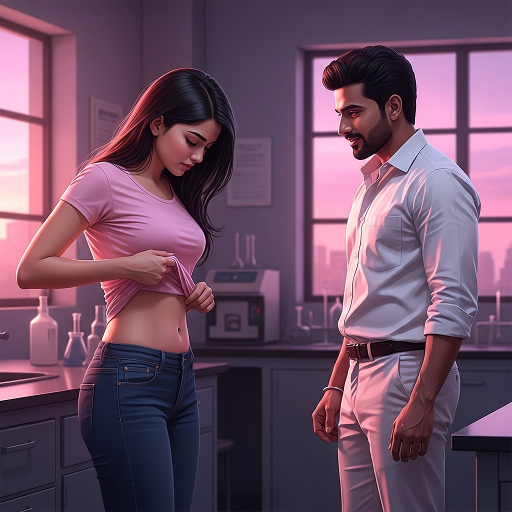 ల్యాబ్‌లో అర్చన టీ-షర్ట్ ఎత్తుతూ సిగ్గు